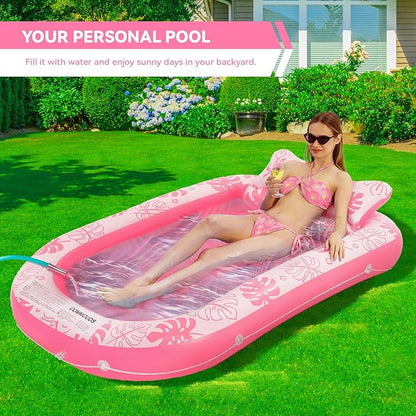 Inflatable Tanning Pool Lounger Float with Cervical Pillow - Pool Floats Adult for Sunbathing, Backyard, Pool Party - Inflate Ball Pit for Babies - Kids Swimming Pool Bed