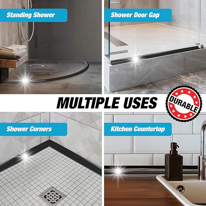 Shower Threshold Water Dam Barrier 65" - Black Collapsible Shower Water Blocker - Guard for Walk in Shower - Water Guard Stopper for Floor - Shower Door Water Blocker by Hippo Dam