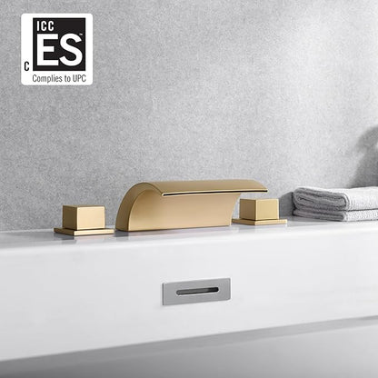 SUMERAIN Bathroom Roman Tub Faucet with Waterfall Spout, 3 Hole Deck Mount Bath Tub Filler Brushed Gold