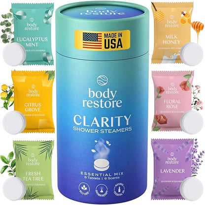 Body Restore Shower Steamers Aromatherapy 6 Pack - Christmas Stocking Stuffers for Men, Birthday Gifts for Women, White Elephant, Relaxation, Self Care - Clarity