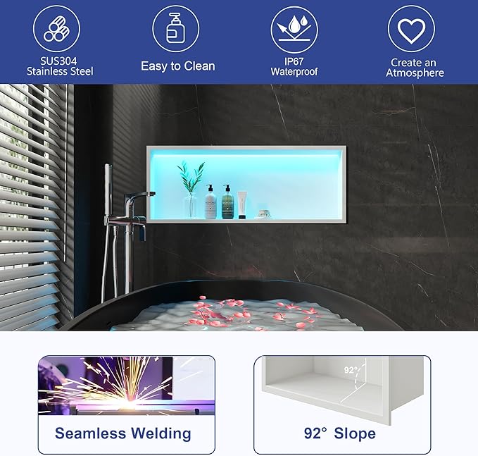 30X12 RGB Shower Niche, White Stainless Steel LED Wall Recessed Organizer, No Tile Needed Wall Niche for Bathroom Storage Built-in Installation
