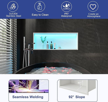 30X12 RGB Shower Niche, White Stainless Steel LED Wall Recessed Organizer, No Tile Needed Wall Niche for Bathroom Storage Built-in Installation