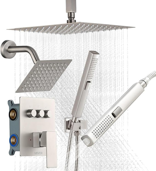 VEVOR Shower Faucet Set, 10 Inch Ceiling Mount Rainfall Shower System with 6 Inch Wall Mount Head and 2 in 1 Handheld Spray, Rotatable 3-Function Dual Rain Head Brass Valve & Trim Kit, Brushed Nickel