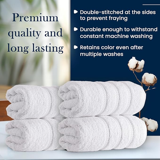 HALLEY Turkish 4 Pack Premium Hand Towels (4 Pieces) 650 GSM Highly Absorbent Super Soft 100% Cotton - 4 Hand Towels (White)