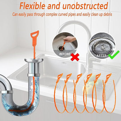 6PCS 25inch Drain Clog Remover Tool,hair clog remover tool,sink snake drain hair removal,for sink drain snake for bathtub,home shower tub snake clog remover,plastic drain cleaner tool