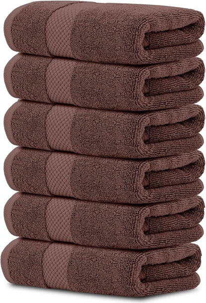White Classic Luxury Brown Hand Towels - Soft 100% Turkish Cotton | Highly Absorbent Hotel spa Bathroom Towel Collection | 16x30 Inch | Set of 6