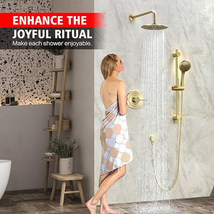 sumerain Shower System set with High Pressure Multi-modes Shower Heads and Handheld, Brushed Gold Rainfall Shower Faucet Complete with Slide Bar, Included Valve and Trim Kit