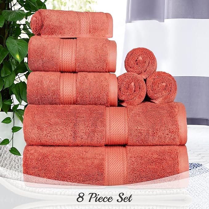 BLUENILEMILLS Madison Egyptian Cotton Towels, Towel Set for Bathroom, Shower, Hotel, Plush, 800 GSM, Highly Absorbent and Ultra-Soft Towels, Bath Essentials, 8 Piece Assorted Towel Set, Coral