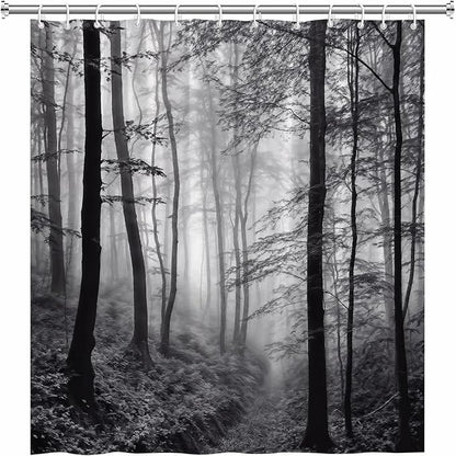 Misty Forest Shower Curtain Black White Foggy Nature Landscape Grey Fantasy Fog Tree Rustic Farmhouse Outdoor Bath Curtain with Hook 47Wx70H Inch