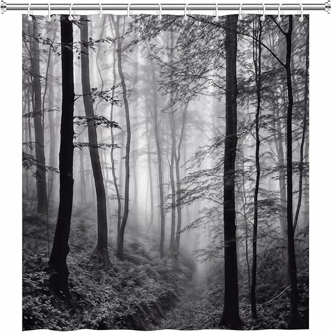 Misty Forest Shower Curtain Black White Foggy Nature Landscape Grey Fantasy Fog Tree Rustic Farmhouse Outdoor Fall Halloween Bath Curtain with Hook 70Wx70H Inch
