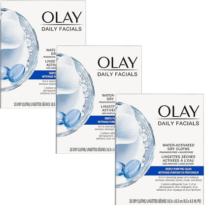 Olay Daily Facial Cleansing Cloths for a Deeply Purifying Clean, Makeup Remover, 33 Count (Pack of 3)