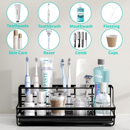 HapiRm Toothbrush Holders for Bathroom - 5 Partitions Bathroom Counter Organizer with Instant Drying Stone, Stainless Steel Countertop Storage Electric Toothbrush Toothpaste Holder - Black