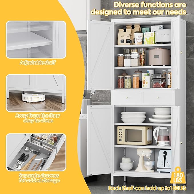 Freestanding Display Storage Cabinet with 4 Doors,Metal Kitchen Pantry Storage Cabinet with Adjustable Shelf for Kitchen Home Office, Assembly Required,White