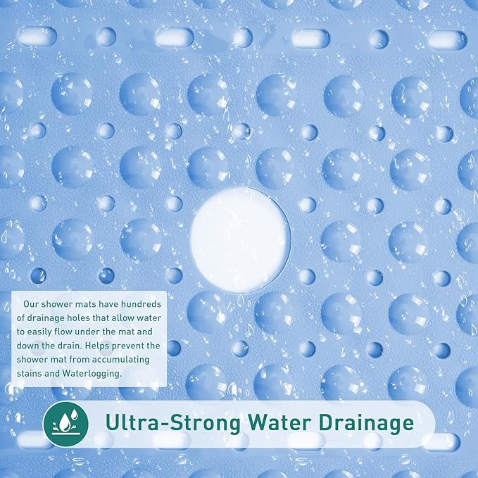 Large Light Blue Square Shower Mat Non Slip 27 x 27 Inch, Soft Bath Mat Tub Mat for Inside Shower Floor, Anti Slip Shower Stall Mats With Big Suction Cups Drain Hole, Easy Washable, BPA-Free