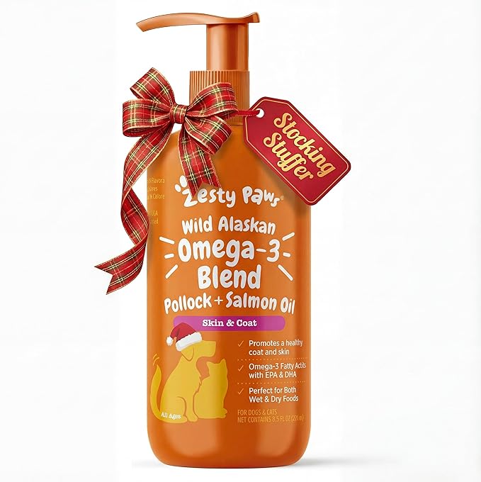 Zesty Paws Wild Alaskan Omega-3 Blend Pollock + Salmon Oil for Dogs and Cats- Skin and Coat Support, Omega 3 Supplement for Pets, 8.5oz