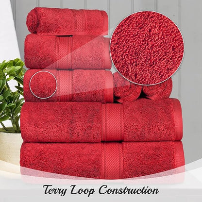 Superior Egyptian Cotton Pile 8 Piece Towel Set, Includes 2 Bath, 2 Hand, 4 Face Towels/Washcloths, Ultra Soft Luxury Towels, Thick Plush Essentials, Guest Bath, Spa, Hotel Bathroom, Red