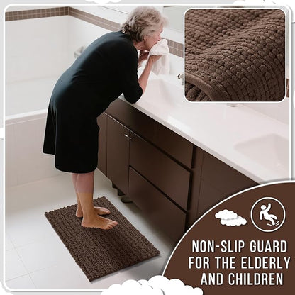 Yimobra Bathroom Rugs Sets 2 Piece - Quick Dry Extra Thick Luxury Chenille Bath Mat, Non Slip Super Absorbent for Tub Shower Sink, Machine Washable Shaggy Floor Mat, 32"x20"+24"x17" Inch, Brown