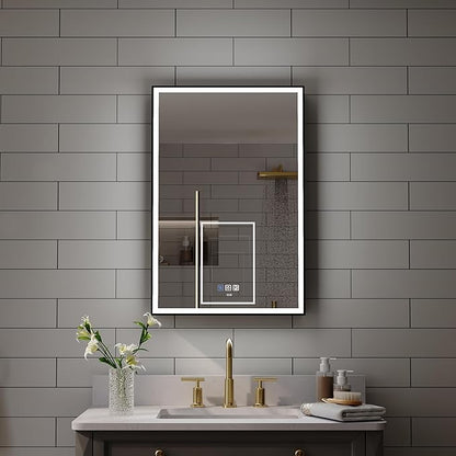 WELLFOR 20" X 30" LED Mirrored Medicine Cabinet, Medicine Cabinets with Lights for Bathroom, Defogging Function Mirror Cabinet, Bathroom Medicine Cabinet with USB Port & Outlet, Right Opening Doors