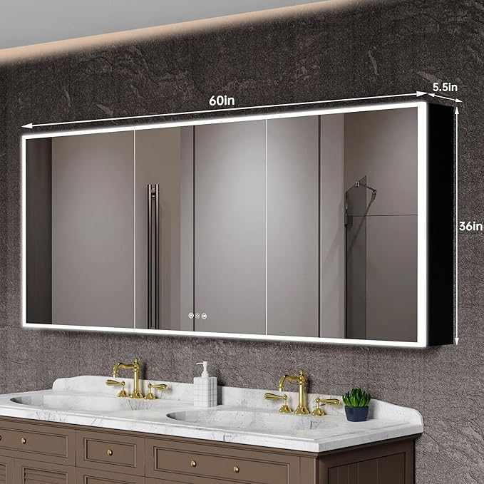 LED Medicine Cabinet Mirror, 60”W x 36”H Bathroom Medicine Cabinets with Defogger, Dimmer, Outlets & USB, Wall Mounted