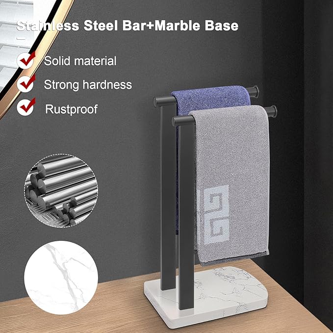 NearMoon Hand Towel Holder with Balanced Marble Base, SUS304 Stainless Steel Stand Towel Ring L Shape Hand Towel Rack Free-Standing Towel Bar for Bathroom Kitchen Countertop (Double Rod, Matte Black)