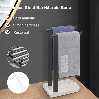 NearMoon Hand Towel Holder with Balanced Marble Base, SUS304 Stainless Steel Stand Towel Ring L Shape Hand Towel Rack Free-Standing Towel Bar for Bathroom Kitchen Countertop (Double Rod, Matte Black)