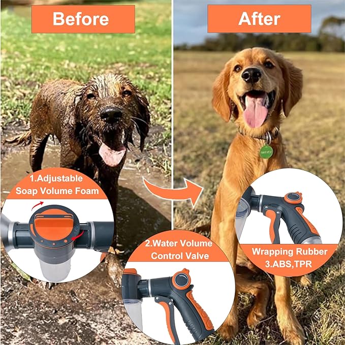 Dog Washing Hose Attachment, 8-in-1 Sprayer Hose Nozzle with Soap Dispenser for Dog Showering, Watering Flowers, Car Washing (With Brush and Lint Remover)
