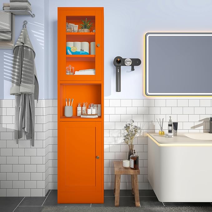 COFaR 67" Tall Metal Bathroom Storage Cabinet,6-Tier Narrow Cabinet with Glass Doors and Adjustable Shelves,Linen Cabinet for Small Spaces,Tall Cabinet for Bathroom,Living Room,Orange