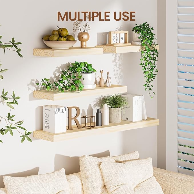 Heimlove Wood Floating Shelves for Wall,2 Packs 16 inches Natural Pine Solid Wood Floating Shelves, 8 inches Deep Wooden Shelves for Kitchen Bedroom Office & Living Room Wall Decor