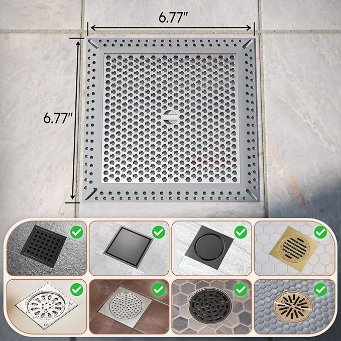 Not Moving Shower Drain Hair Catcher,Effective Hair Catcher Shower Drain,Square Flat Shower Drain Cover Protector Filter,Efficient Drainage,Hair Trap Stopper (Gray, 6 inch)