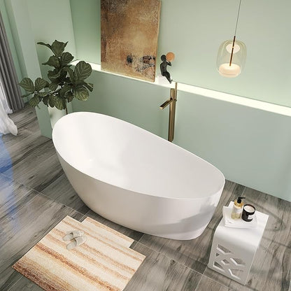 Premium Unique 65" Solid Surface Freestanding Tub, Upgraded Matte White Stone Resin Bathtub with Overflow and Pop-up Drain