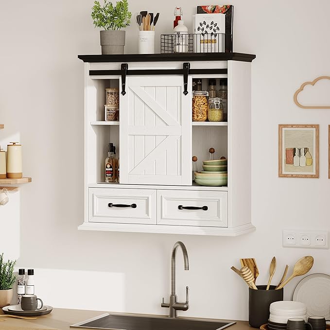 Bathroom Wall Storage Cabinet with 2 Drawers, White Floating Wall Mounted Medicine Cabinet with Sliding Door & Adjustable Shelves, Over The Toilet for Bathroom, Laundry Room, Kitchen