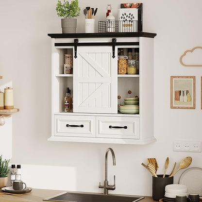 Bathroom Wall Storage Cabinet with 2 Drawers, White Floating Wall Mounted Medicine Cabinet with Sliding Door & Adjustable Shelves, Over The Toilet for Bathroom, Laundry Room, Kitchen