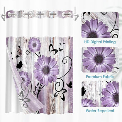 No Hook Purple Flower Shower Curtain with Snap in Fabric Liner Set, Rustic Farmhouse Daisy Double Layers Waterproof Fabric with See Through Top Window Open Grommet Bath Curtain 54x80 Inch