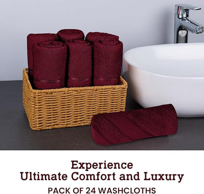Casa Lino Face Towels & Body Wash Cloths for Showering - 100% Cotton Wash Cloths for Bathroom - Highly Absorbent & Quick Drying Washcloth Set - Cotton Washcloths 24 Pack (12" x 12") - (Burgundy)