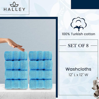 HALLEY Turkish 8 Pack Premium Washcloths (8 Pieces) 650 GSM Highly Absorbent Super Soft 100% Cotton - 8 Washcloths (Blue)