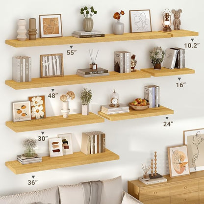 Vivelove 10" Deep Floating Shelves with Invisible Brackets, 55" Wall Shelves for Bathroom Bedroom Kitchen Living Room Laundry Room, Modern Rustic Shelves for Home Decor, 55"x10.2"x1.5", Set of 2, Oak