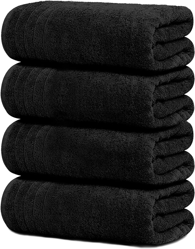 Tens Towels Pack of 4 Extra Large Bath Towels 30 x 60 Inches, 100% Cotton, Larger & Lighter Weight, Quicker to Dry, Super Soft and Absorbent, Perfect for Bathroom, Black