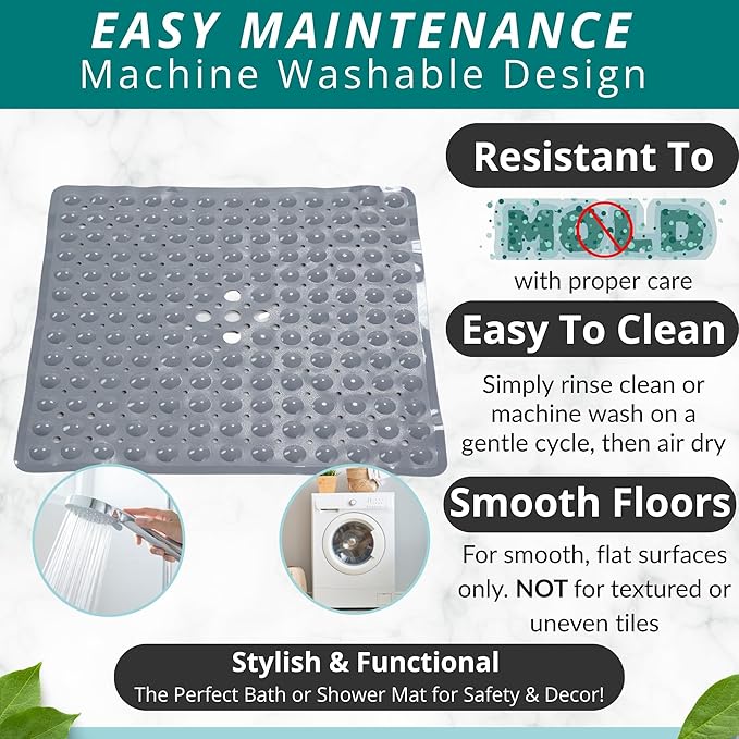 ENKOSI 21 x 21 inch Square Non-Slip Shower Mat – Anti-Slip Shower Mats for Inside Shower – Secure Grip for Shower Stall Floors – Quick-Dry with Drain Holes (21x21 Grey)