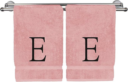 Monogrammed Hand Towel, Personalized Initial Gift, Extra Absorbent 100% Turkish Cotton - Soft Terry Finish - Set of 2 - Black Block Initial E - Embroidered on Pink Towels