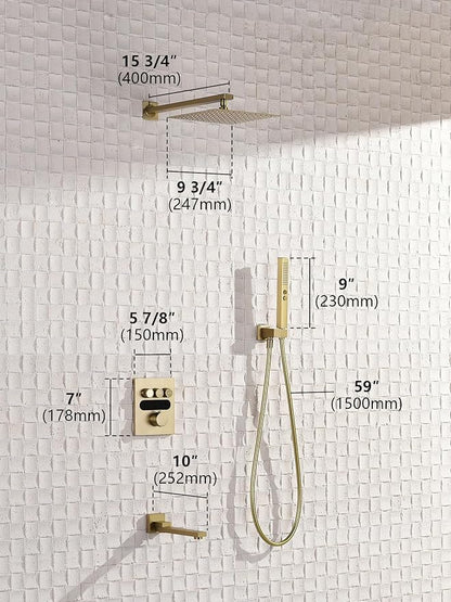 Lefton Shower System in Fahrenheit Display (Battery-free), 10” Overhead Shower Head with All-in-one Handheld Spray Showerhead and Bathtub Faucet, 4-in-1 Control System, SSWM2502 (Brushed Gold)