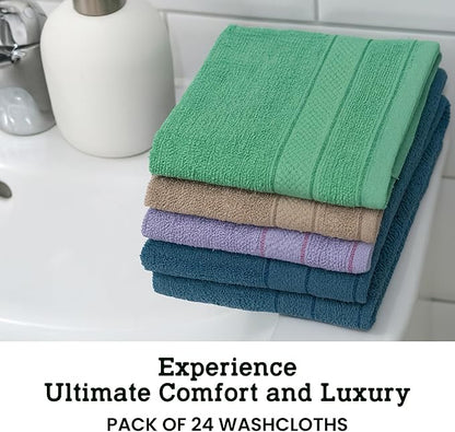 Casa Lino Face Towels & Body Wash Cloths for Showering - 100% Cotton Wash Cloths for Bathroom - Highly Absorbent & Quick Drying Washcloth Set - Cotton Washcloths 24 Pack (12" x 12") - (Multicolor II)