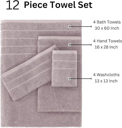 Casa Platino 100% Cotton 12 Piece Bath Towel Set - Ring Spun, Quick Dry, Super Soft & Highly Absorbent - 4 Bath, 4 Washcloths, 4 Bathroom Hand Towels - Hotel Quality Bathroom Towel Set - Platinum