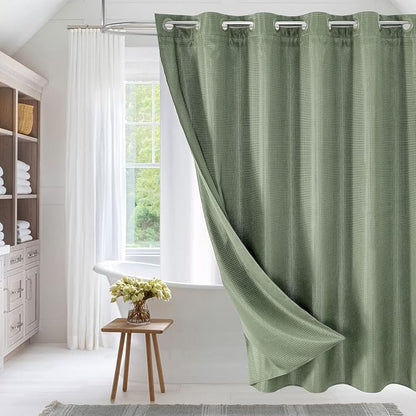 MitoVilla Sage Green Waffle Long Shower Curtain Liner Set 72 x 80, No Hooks Required 80 inch Long Fabric Cloth Shower Curtain Set with Cloth Snap-in Liner for Modern Hotel Bathroom Decor