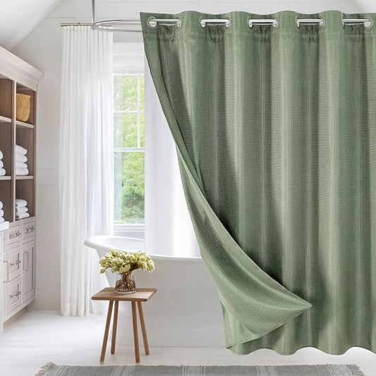 MitoVilla Sage Green Waffle Long Shower Curtain Liner Set 72 x 80, No Hooks Required 80 inch Long Fabric Cloth Shower Curtain Set with Cloth Snap-in Liner for Modern Hotel Bathroom Decor