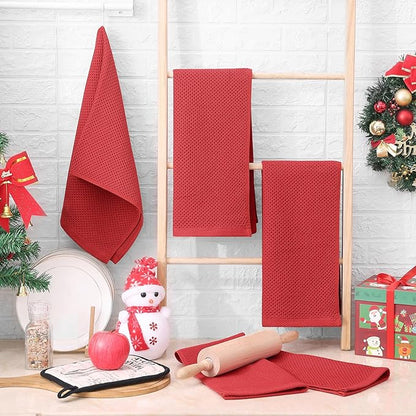 Homaxy 100% Cotton Waffle Weave Kitchen Dish Towels, Ultra Soft Absorbent Quick Drying Cleaning Towel, 13 x 28 Inches, 4-Pack, Brick Red