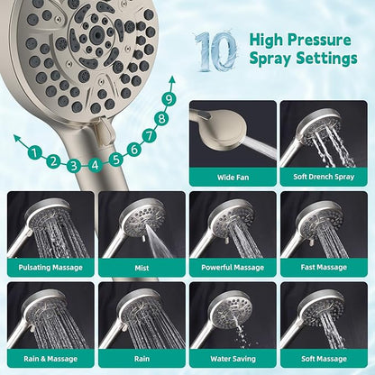 Hibbent Filtered Shower Head with Handheld, High Pressure 10 Spray Showerhead with Filters, Water Softener for Hard Water-Remove Chlorine, Reduces Dry Itchy Skin, Improve Skin& Hair, Brushed Nickel