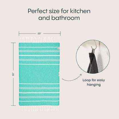 WETCAT Turkish Hand Towels with Hanging Loop, Set of 2 (20" x 30") 100% Turkish Cotton, Pre-Washed, Quick Drying, for Kitchen or Bathroom - Mint Green