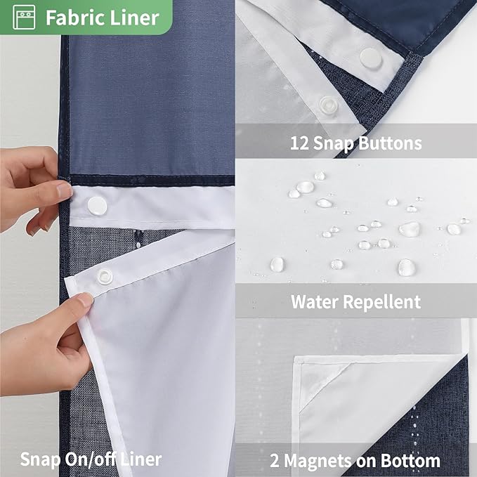 No Hook Extra Long Shower Curtain Set with Snap-in Liner,Linen Textured Thick Striped Fabric with Tassels,Boho Chic Modern Farmhouse Bathroom Curtain,Water-Repellent,Navy Blue,71x86