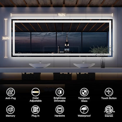 ISKM 96'' x 36'' LED Mirror for Bathroom Lighted Vanity Mirror for Wall Front Lights + Backlit LED Bathroom Mirror Anti-Fog Tempered Glass ETL Listed