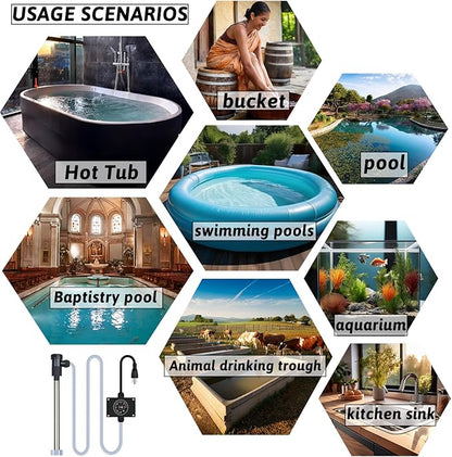 3000W 240V Immersion Water Heater Bathtub & Pool Portable Electric Submersible Water Heater with Temp Control for spa tub, Baptistry, Bathtubs, inflatable pool, above ground pool & Hot Tub